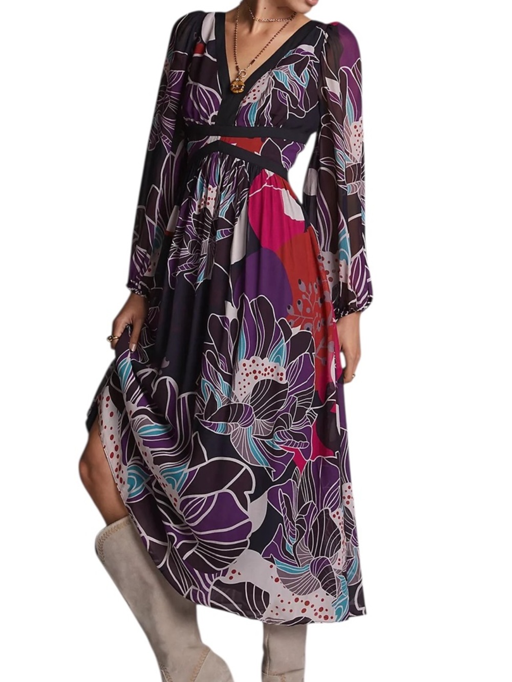 Anthropologie Let Me Be Floral V-Neck Midi Dress Black Purple Size XS Prom